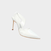 Manolo Blahnik Meana 105 white leather pumps featuring a modern d'Orsay cut and a sleek stiletto heel.