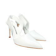 Three-quarter angled view of a pair of white leather Manolo Blahnik Meana 105mm stiletto heels.