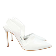 Detailed inner profile view of the white Manolo Blahnik Meana pumps showing the premium leather insoles and craftsmanship.