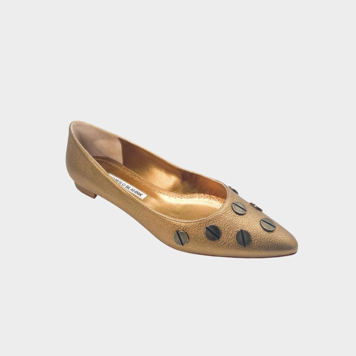 Manolo Blahnik Panunzia bronze metallic leather pointed-toe flat shoe featuring decorative screw details