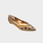Manolo Blahnik Panunzia bronze metallic leather pointed-toe flat shoe featuring decorative screw details