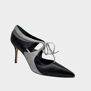 Manolo Blahnik Ugando black leather heel with grey suede details 90mm heel