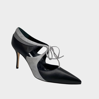 Manolo Blahnik Ugando black leather heel with grey suede details 90mm heel