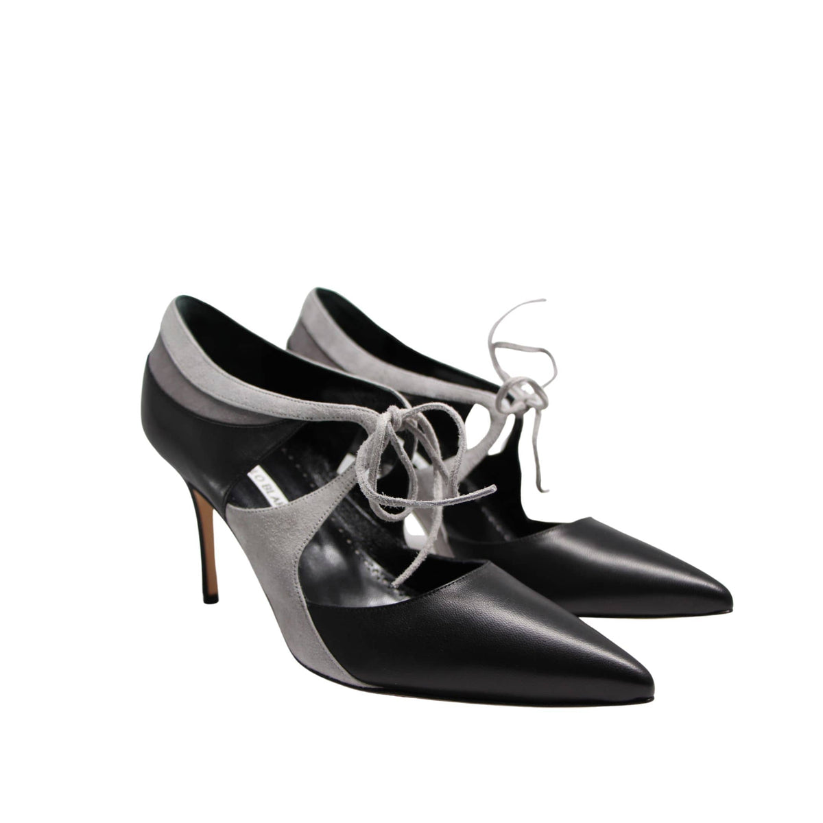 Manolo Blahnik Ugando black leather heel with grey suede details 90mm heel