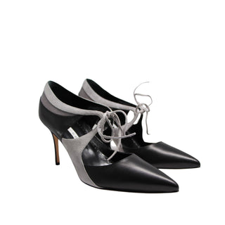 Manolo Blahnik Ugando black leather heel with grey suede details 90mm heel