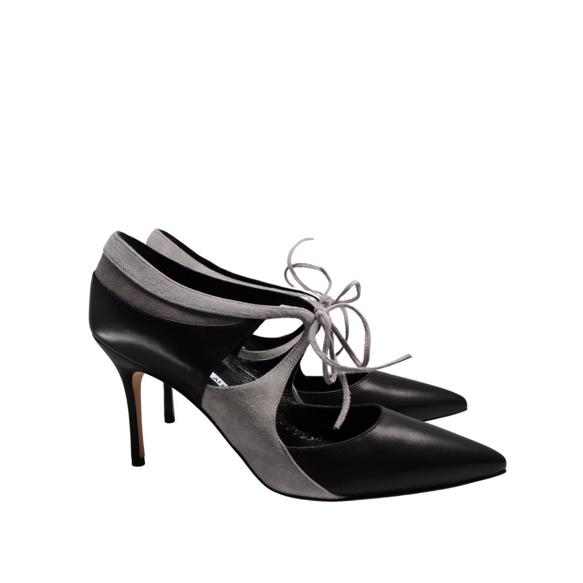 Manolo Blahnik Ugando black leather heel with grey suede details 90mm heel
