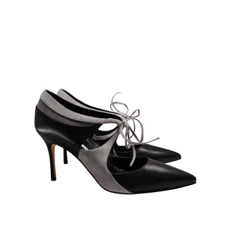 Manolo Blahnik Ugando black leather heel with grey suede details 90mm heel