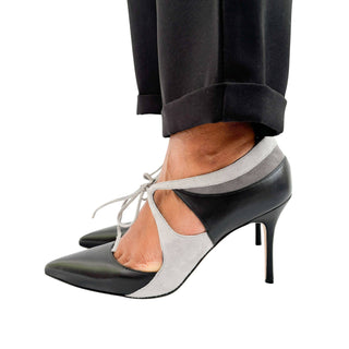 Manolo Blahnik Ugando black leather heel with grey suede details 90mm heel
