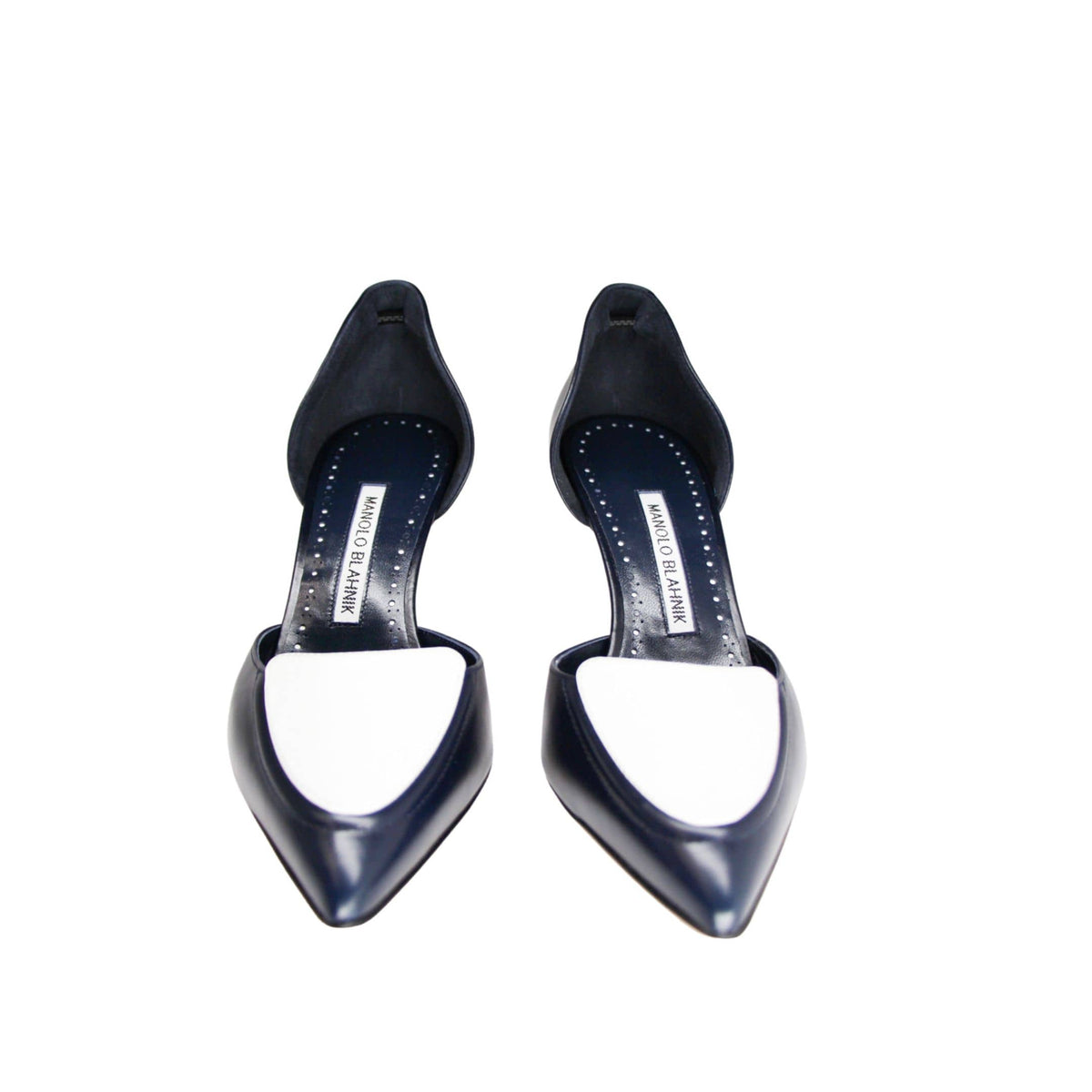 Manolo Blahnik heels office navy blue and white leather