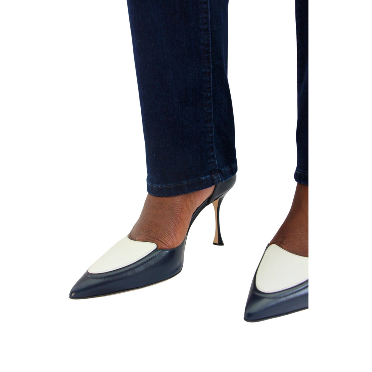 Manolo Blahnik heels office navy blue and white leather