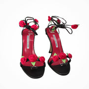 Manolo Blahnik occassion heels black lace up with red roses
