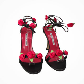 Manolo Blahnik occassion heels black lace up with red roses