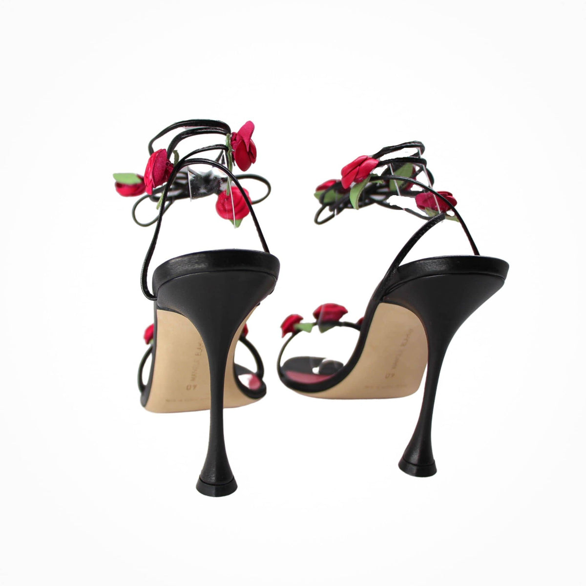 Manolo Blahnik occassion heels black lace up with red roses