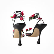 Manolo Blahnik occassion heels black lace up with red roses