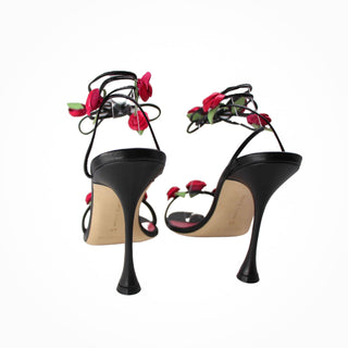 Manolo Blahnik occassion heels black lace up with red roses