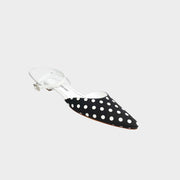 Manolo Blahnik Asensoflat pointed-toe flat shoe in black and white polka dot fabric.