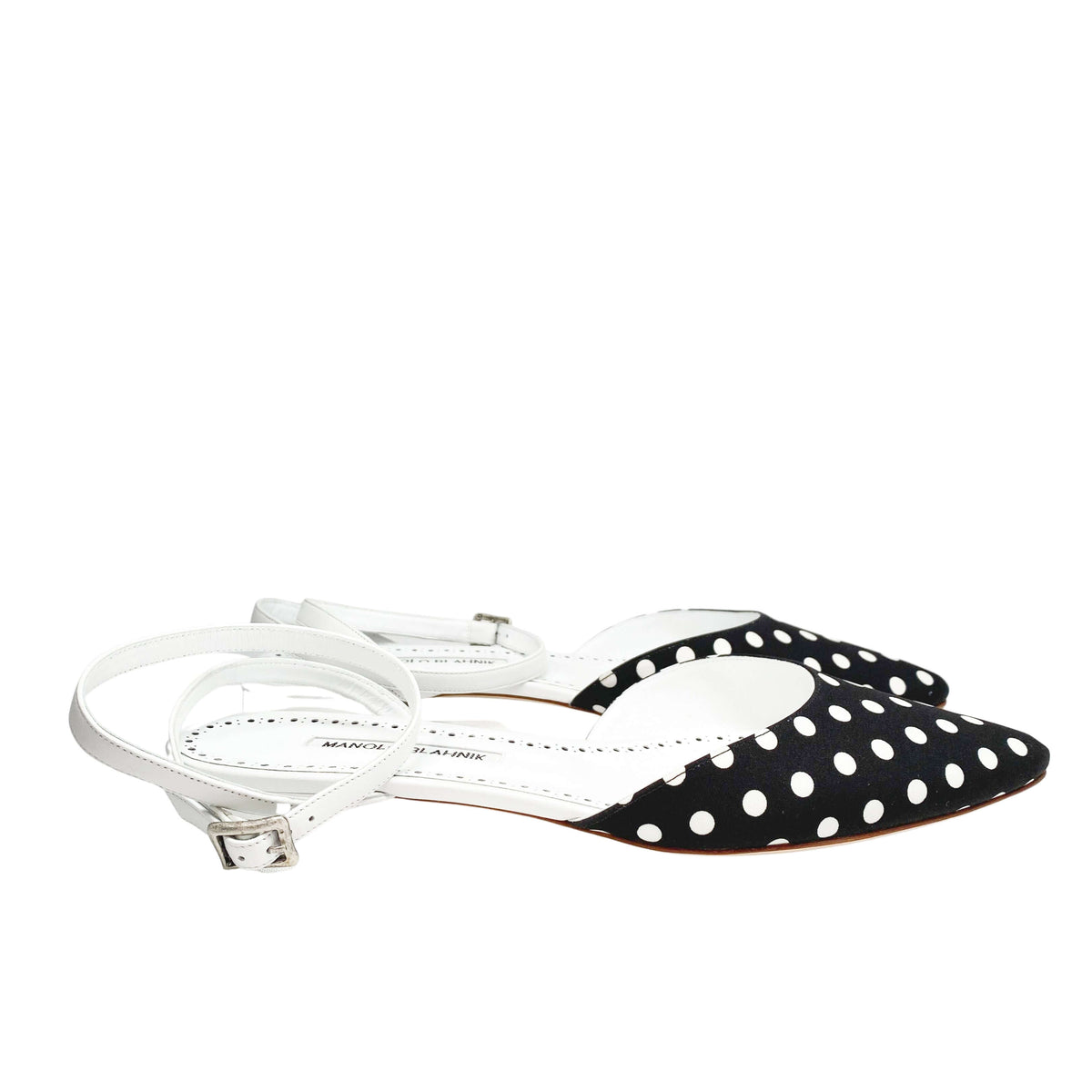 Rear view of the Manolo Blahnik Asensoflat slingback style flat shoes highlighting the adjustable leather straps.