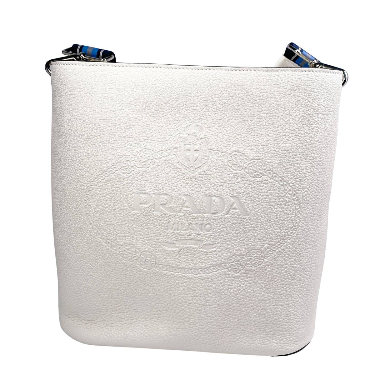 Prada white bucket bag leather with blue and white webstrap