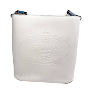 Prada white bucket bag leather with blue and white webstrap