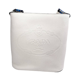 Prada white bucket bag leather with blue and white webstrap