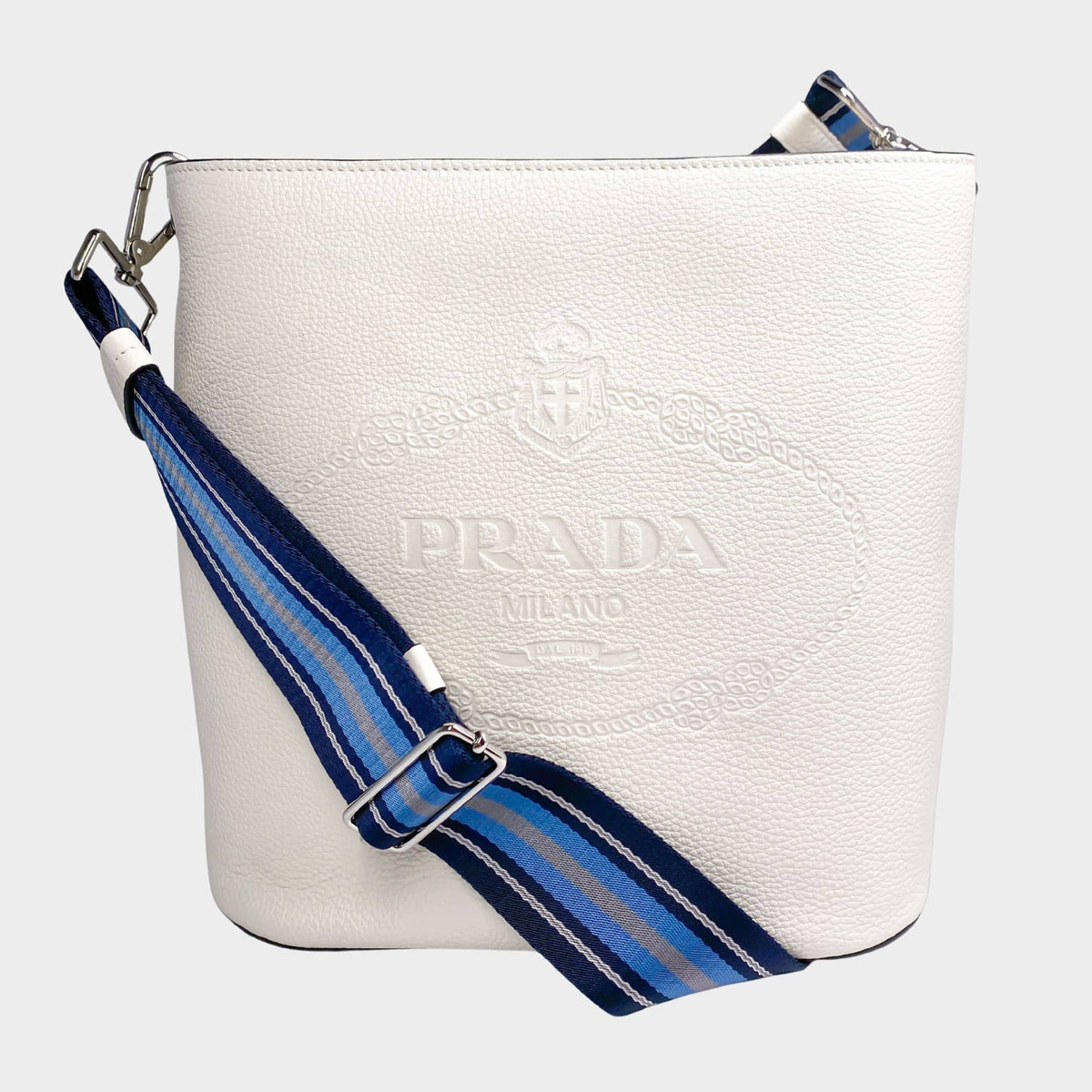 Prada white bucket bag leather with blue and white webstrap
