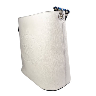 Prada white bucket bag leather with blue and white webstrap