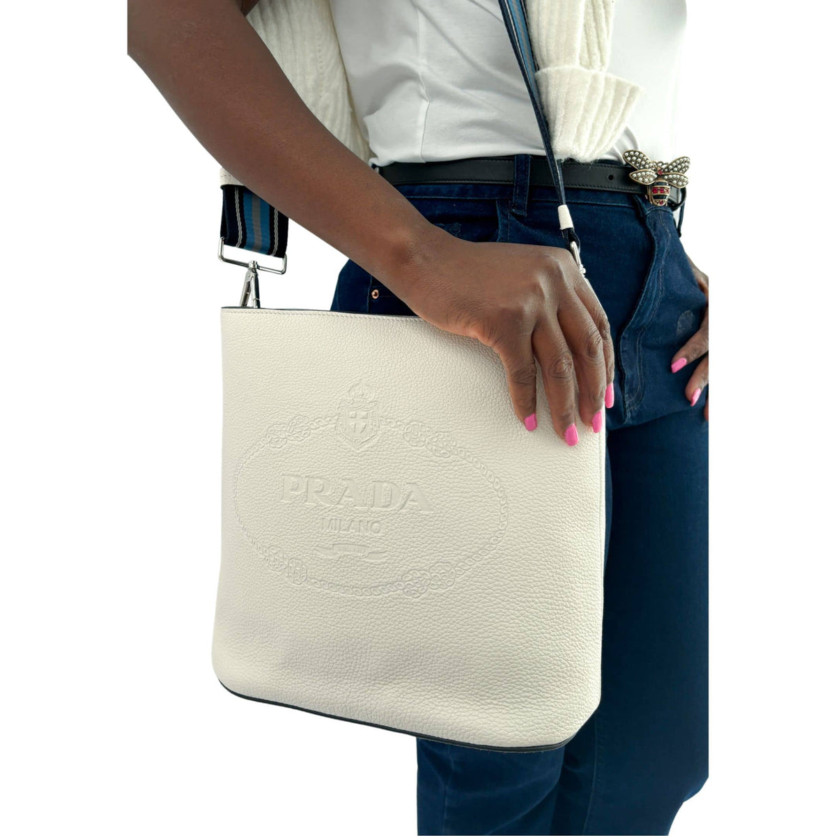 Prada white bucket bag leather with blue and white webstrap