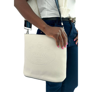 Prada white bucket bag leather with blue and white webstrap