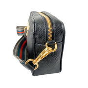 Prada camera bag in black leather with gold hardware and webstrap