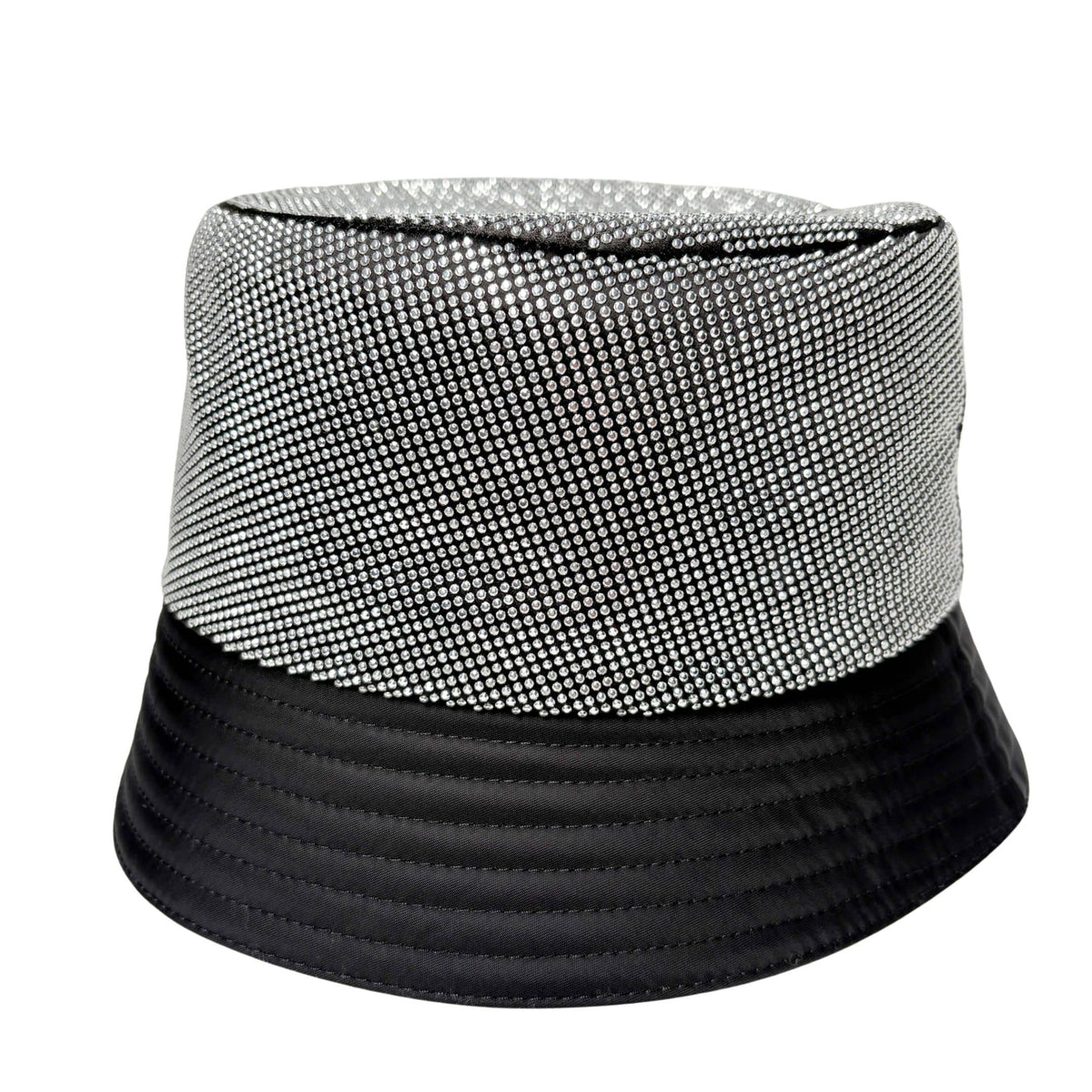 Side profile view of Prada black nylon crystal-embellished bucket hat showing brim shape and crystal coverage