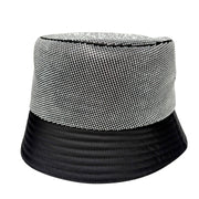 Side profile view of Prada black nylon crystal-embellished bucket hat showing brim shape and crystal coverage