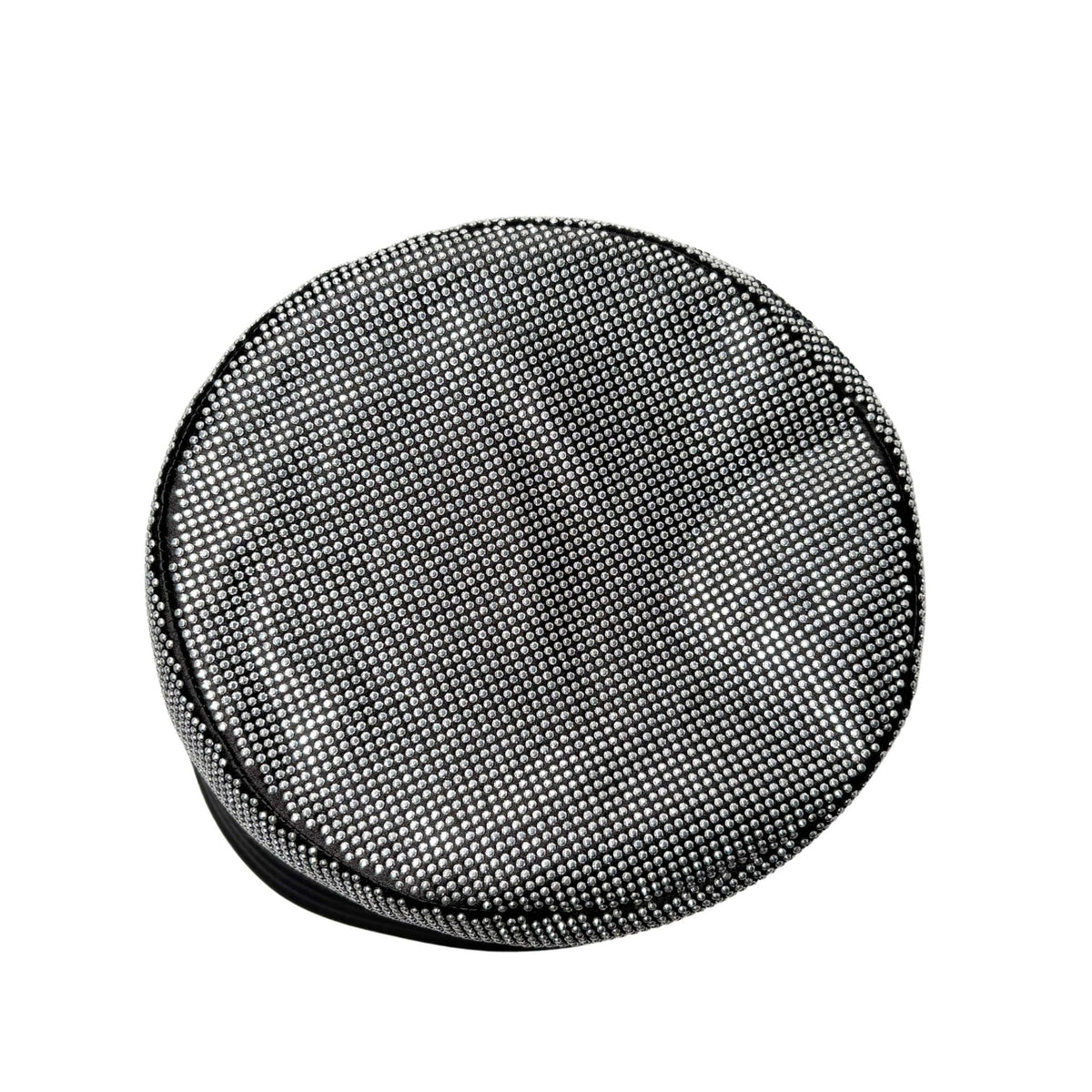 Top-down view of black Prada crystal-embellished bucket hat showing crown texture and pattern