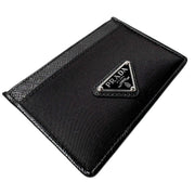 Angled view of black Prada Saffiano leather and nylon card holder showing compact design and slot opening
