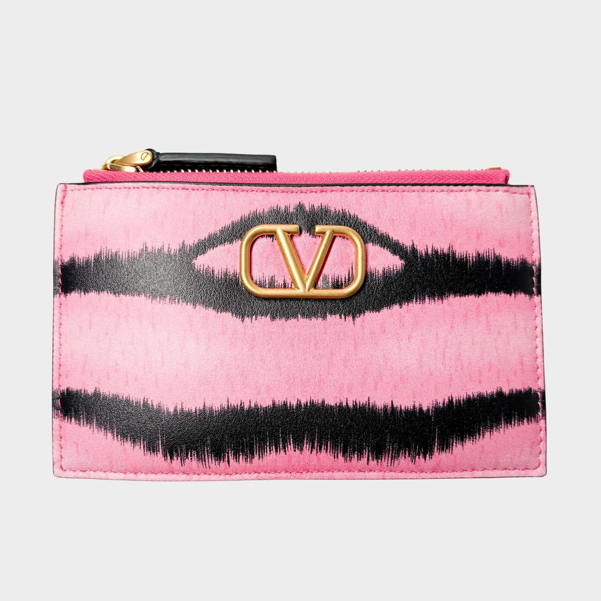 Front view of the Valentino V-Logo coin wallet and card holder in pink and black tiger-striped leather, featuring the signature gold-tone V-Logo emblem
