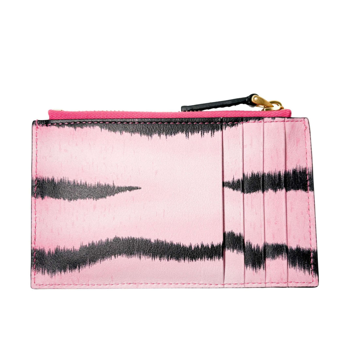 Back view of the pink and black striped Valentino leather card case, showcasing the multiple structured card slots for organization.