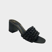 Valentino-Ladies- Valentino The Rope 60 black leather sandal featuring a braided rope strap and block heel.-Glamorizta