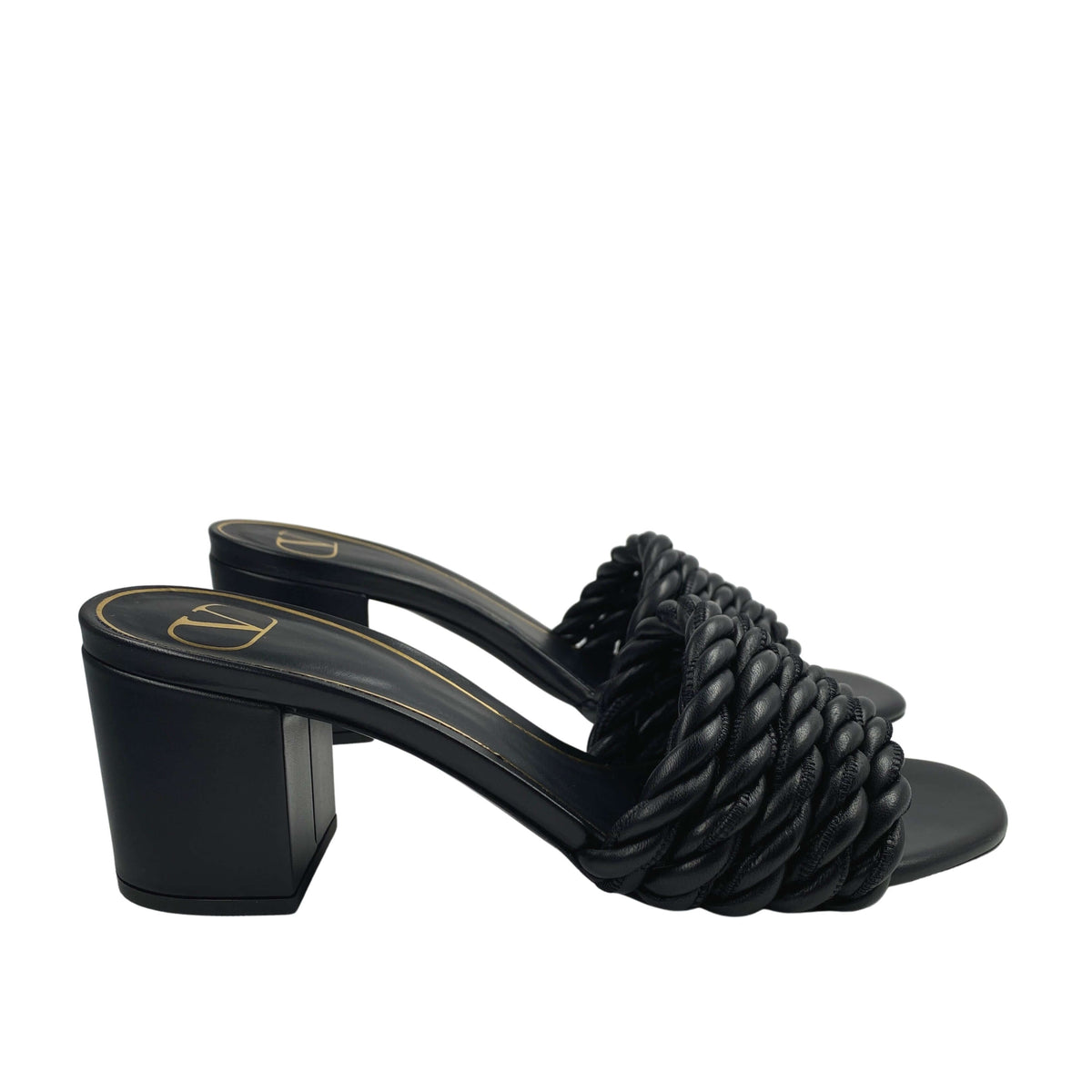 Side profile view of black Valentino The Rope sandal highlighting the sturdy 60mm block heel.