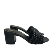 Side profile view of black Valentino The Rope sandal highlighting the sturdy 60mm block heel.