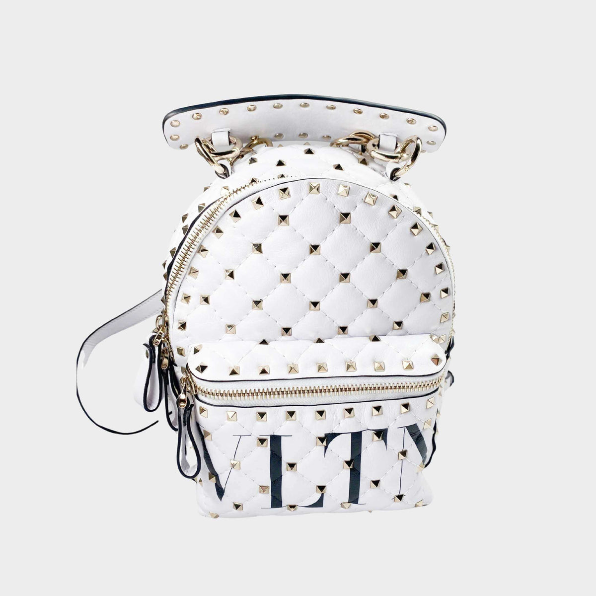 Valentino Rockstud backpack in white quilted leather featuring gold studs and black printed logo.