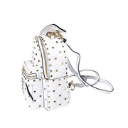 Angled side view of white quilted leather Valentino Rockstud backpack showing side compartment depth and straps.