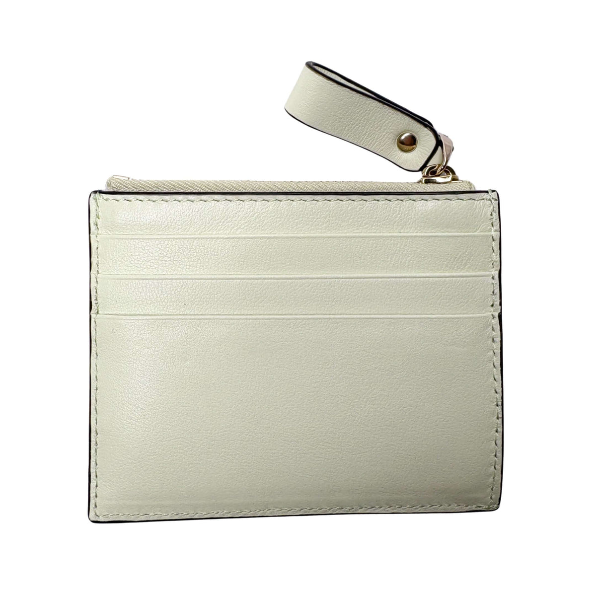Back view of the white Valentino Rockstud leather card case, displaying its clean design and multiple structured card slots.