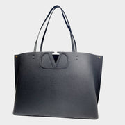 Front view of Valentino V Tote Bag in smooth black leather featuring dual shoulder handles and front V emblem.