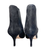 Back view of black suede Valentino Beatle Booties displaying slim heels and leather soles with Rockstud accents.