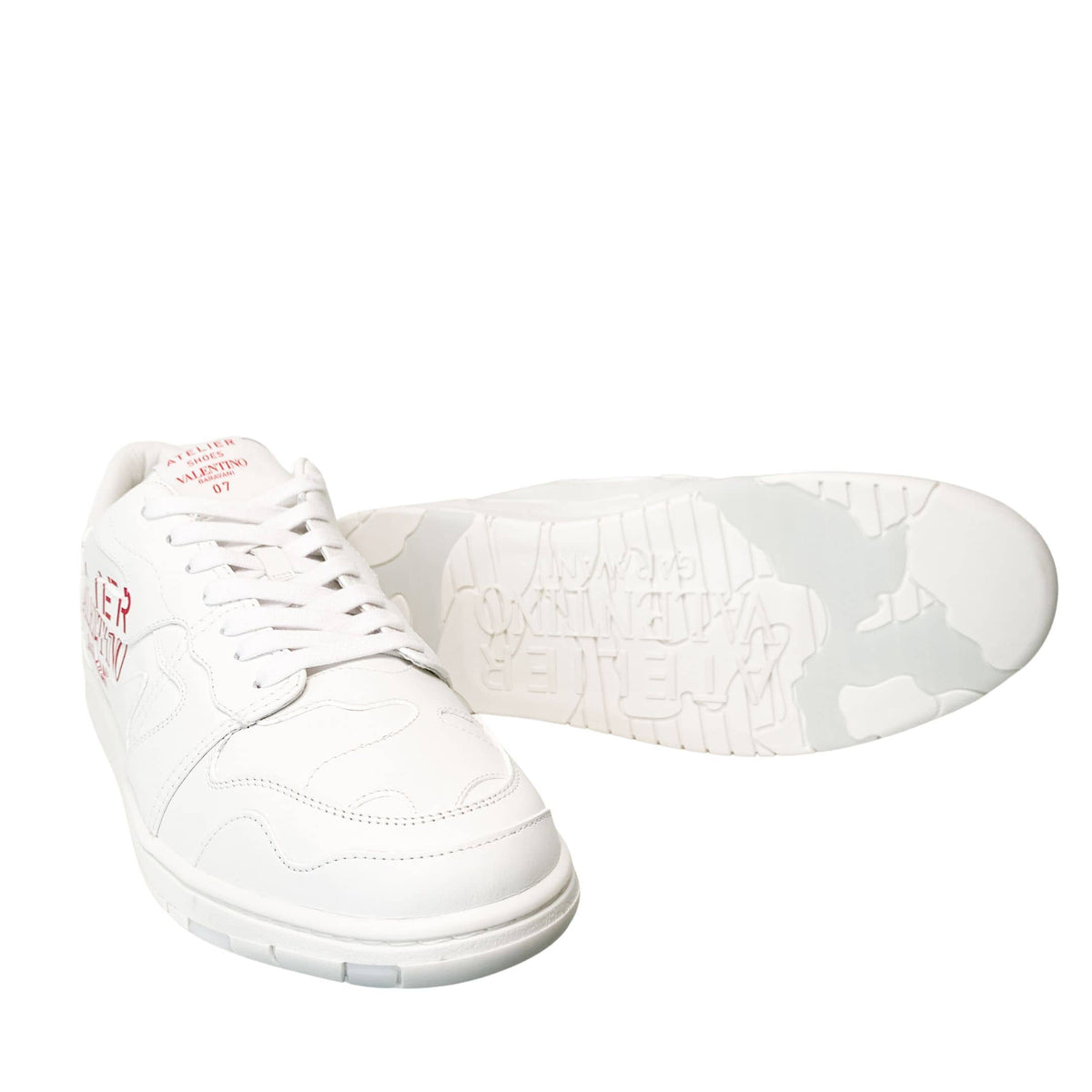 Bottom view of white Valentino Garavani trainers displaying rubber outsole tread pattern and logo.