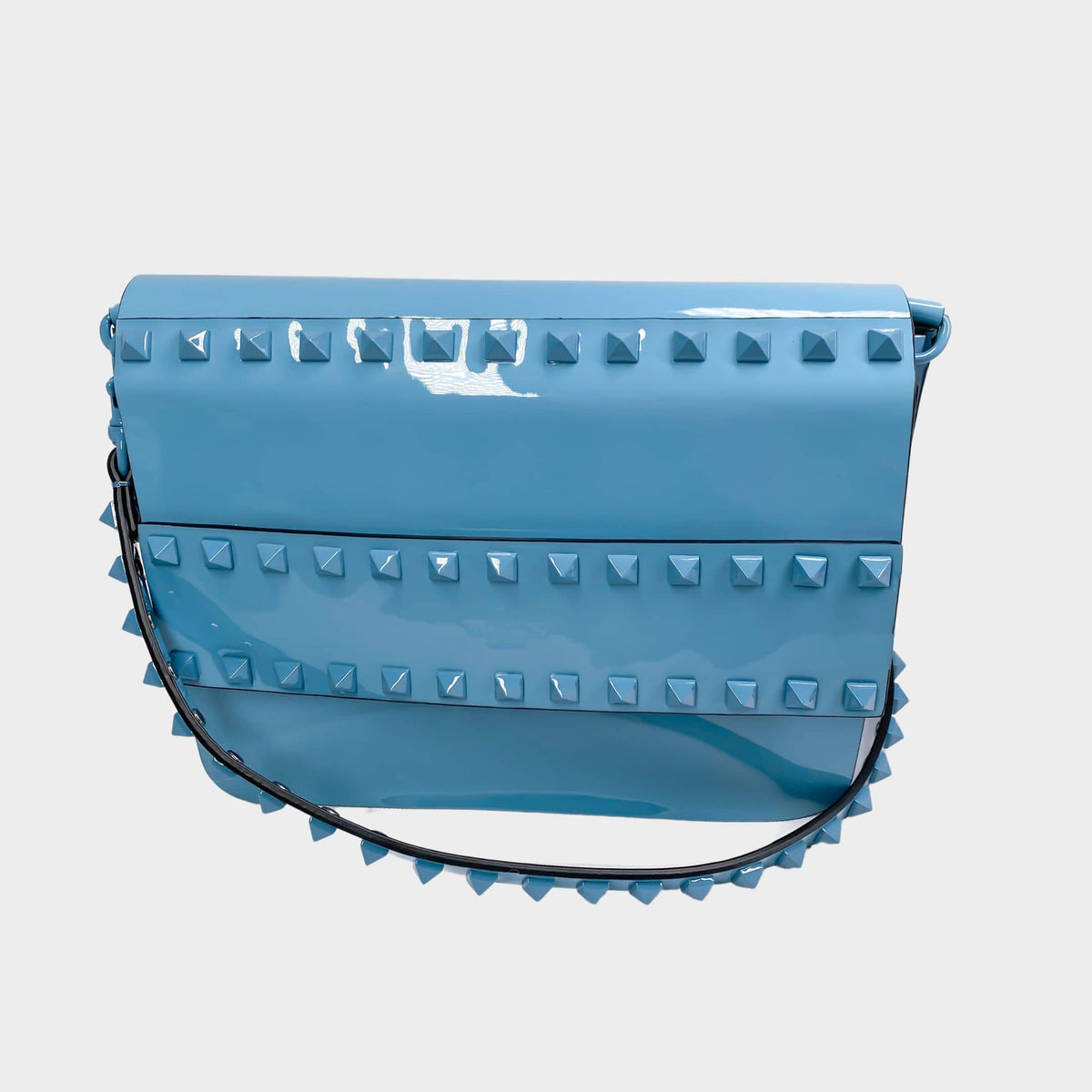 Valentino Patent Crossbody Bag in baby blue glossy leather with matching blue Rockstud trim.