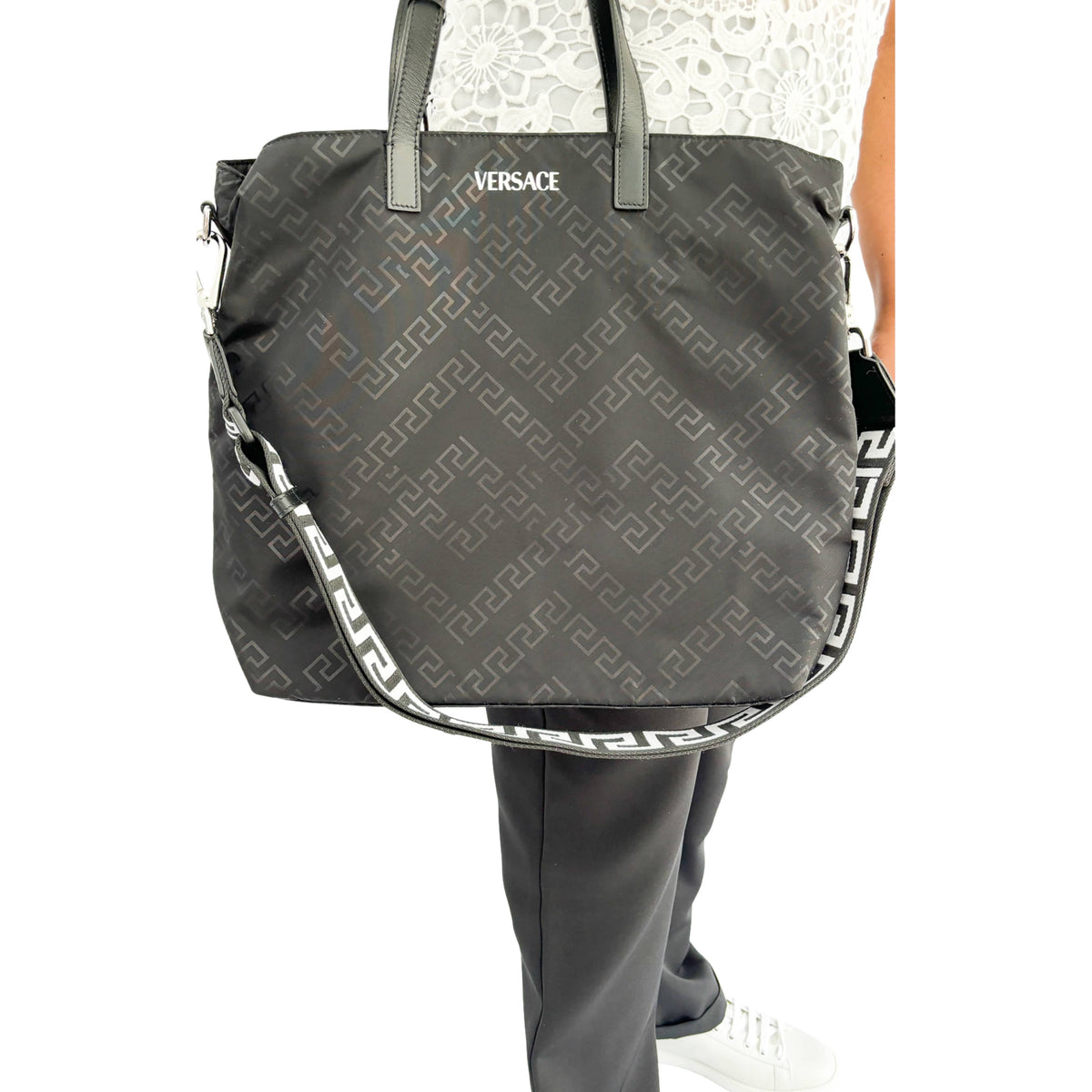 Versace Nylon Bag worn by a model, available at Glamorizta South Africa.
