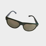 Front three-quarter view of luxury Versace sunglasses featuring a sleek gray rectangular frame and dark gradient lenses.