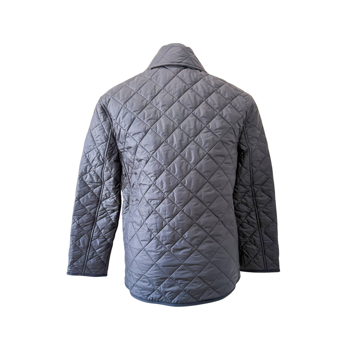 Rear angle view of the black Burberry Dalry luxury jacket, highlighting the water-repellent diamond-quilted shell.