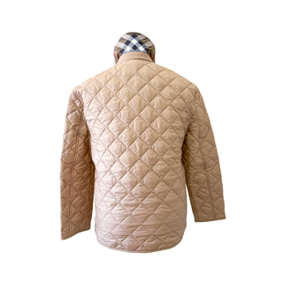 Back view of Burberry Dalry quilted jacket in camel with classic silhouette