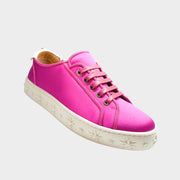 Aquazzura LA Sneakers in pink satin featuring low-top silhouette and star-embossed white platform sole.